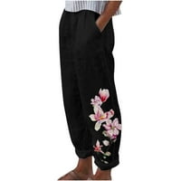 Ženske taktičke hlače Ljeto labavo pamučne posteljine džepom tiskane pantalone crne s