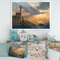 Designart 'Lighthouse On A Rocky Coastal Cliff At Evening Light' Nautical & Coastal Framed Art Print