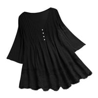 Moonker Womens Tops Košulje za žene Tri četvrtine čipke V-izrez plus veličina bluza TOP košulja TOP vintage ruffled 2xl crna