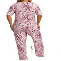 Cvjetni print Okrugli izrez Pant PJ setovi kratkih rukava Dusty ružičasta Plus Veličine pidžame setovi
