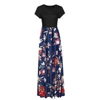 Ženski modni o-izrez Casual labavi cvjetni Print kratka rukav haljina duga suknja plava XXL