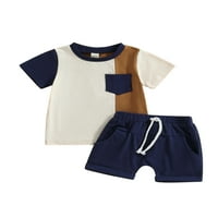 Toddler Boys Ljetni outfit setovi kratkih rukava kontrastni vrhovi boja + šarama za crtanje čvrstog boja