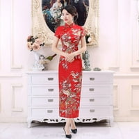 Žene Kineski Cheongsam tradicionalna duga haljina stojeći ovratnik Split tanka crna 4xl