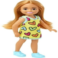 Barbie Chelsea lutka, mala lutka koja nosi uklonjivu haljinu za ispis srca sa brineta kosom i smeđem očima