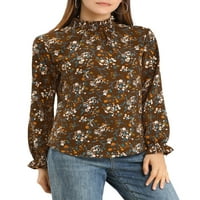 Unique Bargains ženska bluza sa dugim rukavom sa Ruffled vratom, cvjetna Vintage Top bluza